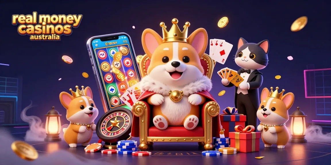 Engage with real money casinos Australia featuring a royal corgi and cat butler, showcasing exciting gaming elements.