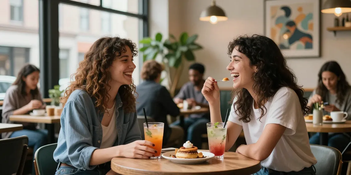 Friends discussing a crush on someone at a cozy café, vibrant atmosphere and colorful drinks.