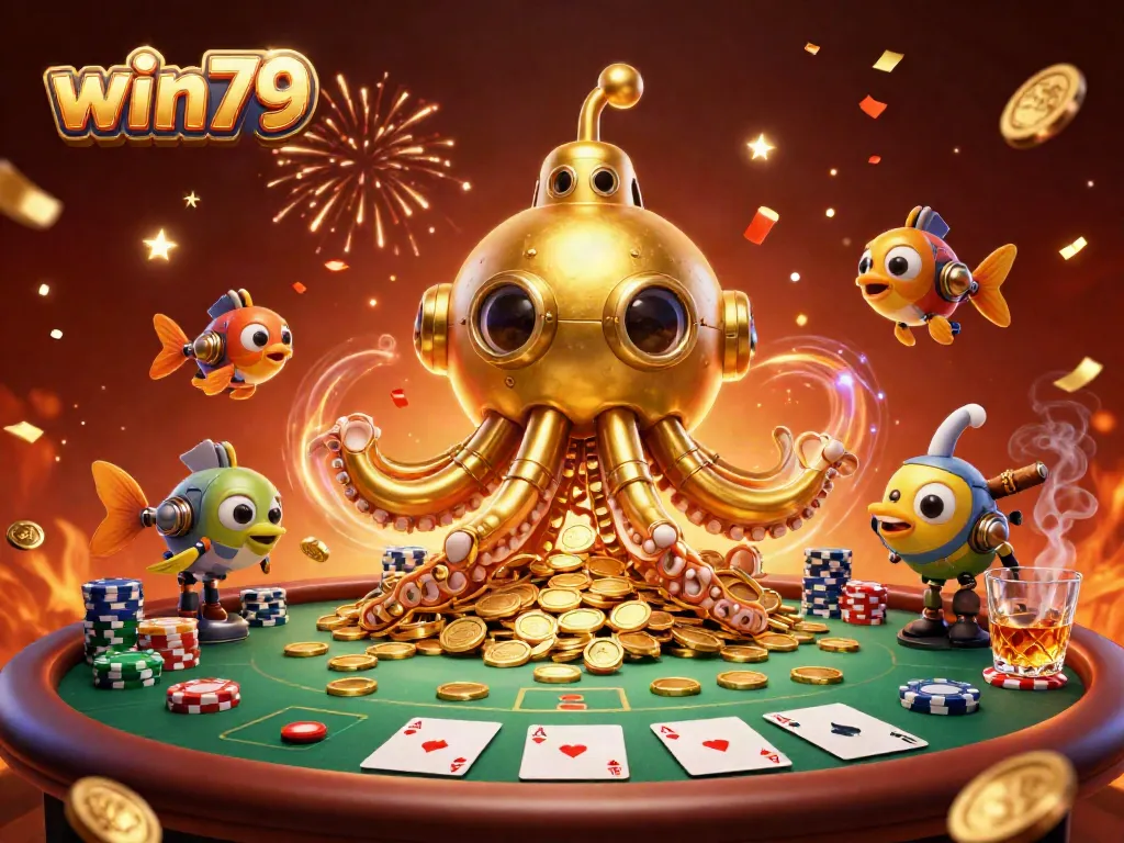 Win79 adventure featuring a kraken submarine and mechanical fish amidst poker elements and gold coins.