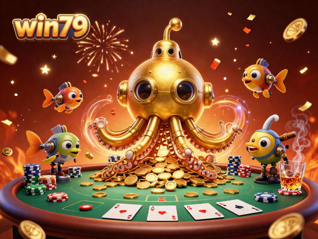 Win79 adventure featuring a kraken submarine and mechanical fish amidst poker elements and gold coins.