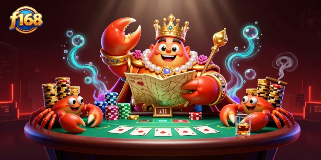 Engage with f168, a vibrant casino illustration featuring a crab emperor and poker elements for your winning strategy.