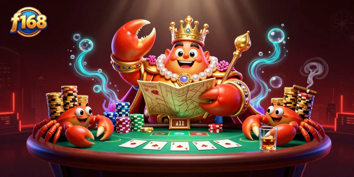 Engage with f168, a vibrant casino illustration featuring a crab emperor and poker elements for your winning strategy.