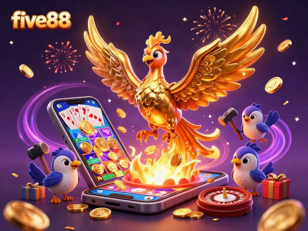 Experience excitement with five88's dazzling 3D casino scene, featuring molten gold and dynamic game elements.