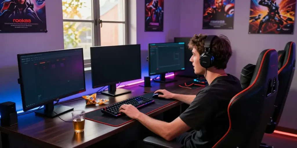 Player focused on rokok88 gaming setup, vibrant graphics on multiple screens, energetic atmosphere with LED lights.