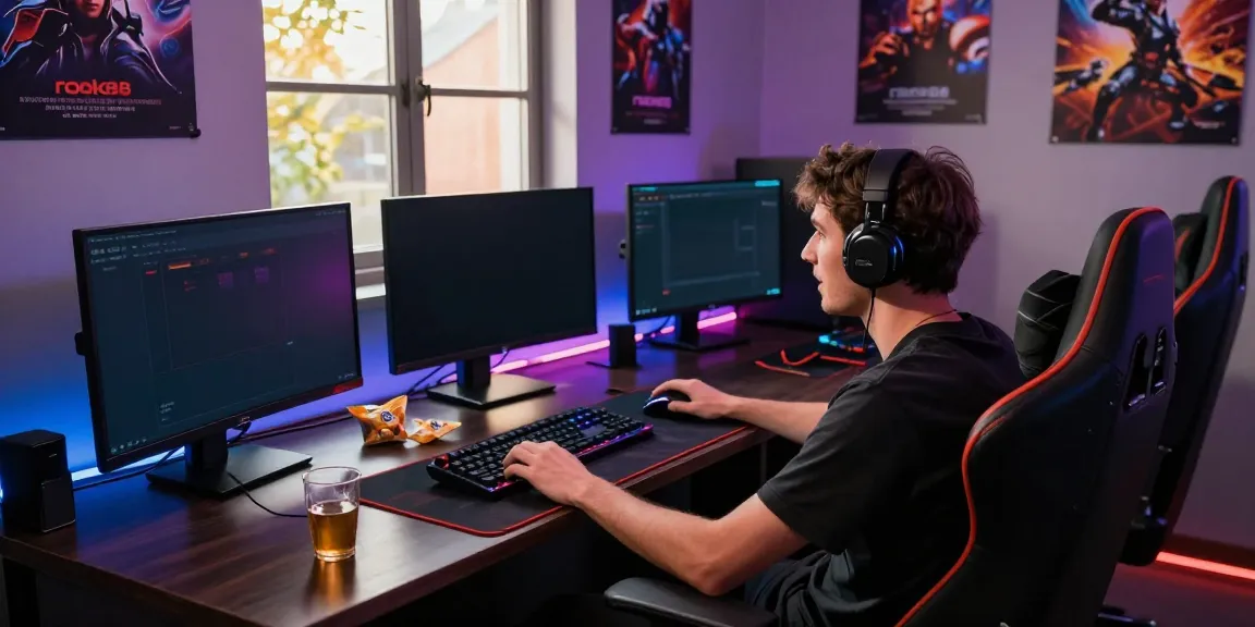 Player focused on rokok88 gaming setup, vibrant graphics on multiple screens, energetic atmosphere with LED lights.