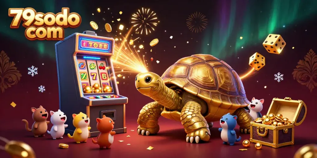 Play exciting casino games at 79sodo com, featuring a golden tortoise pinball machine amidst vibrant slot elements.