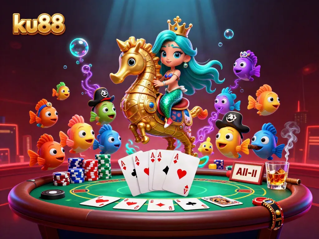ku88 showcases a vibrant casino scene with a mermaid princess, giant seahorse, and colorful poker elements.