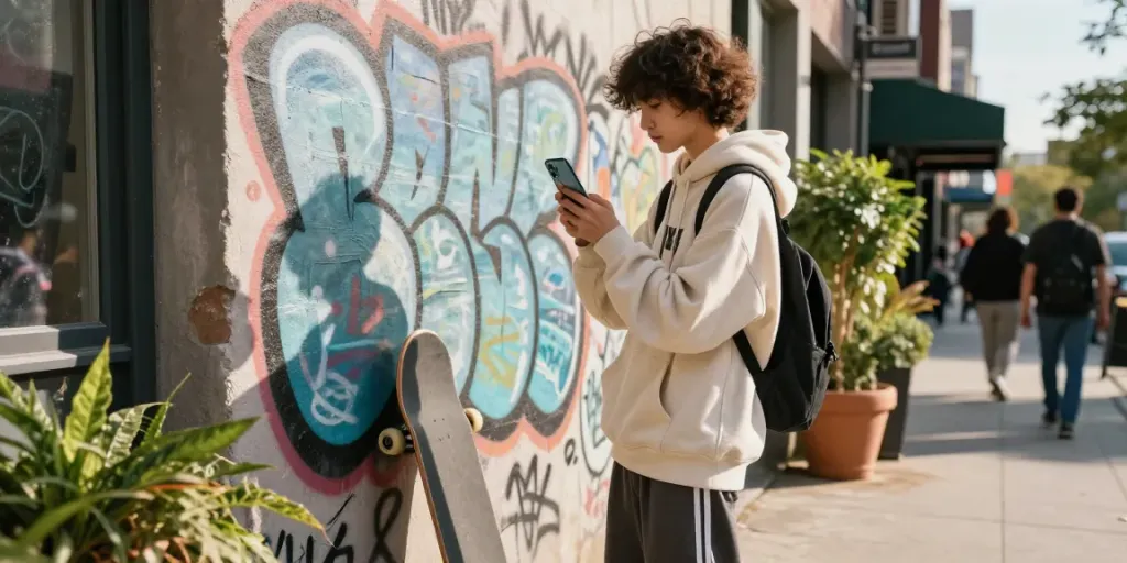 Youth in trendy streetwear engaged with smartphone, reflecting rokok88 urban culture.