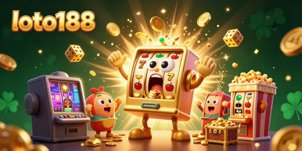 Experience the excitement of loto188 with a vibrant slot machine jackpot scene, coins pouring and symbols flying.