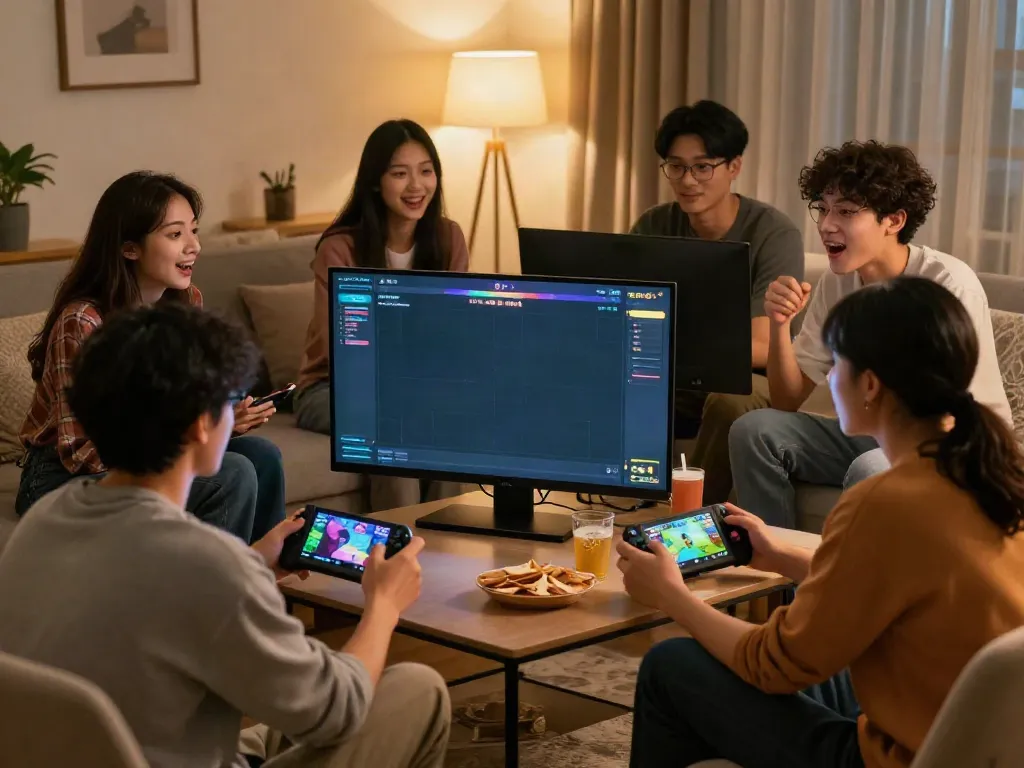 Players enjoying rokok88 alternatif in a cozy living room, engaging in an educational offline game while sharing snacks.