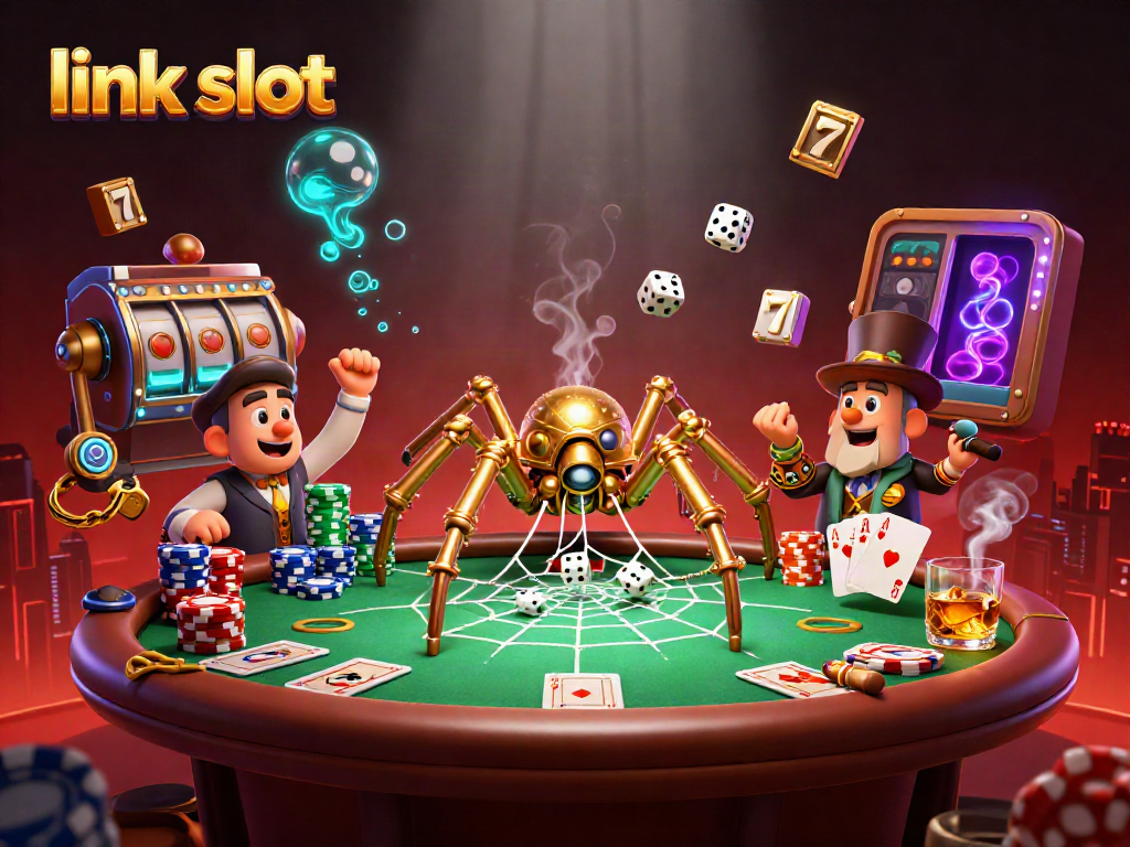 Experience thrilling wins at link slot with a dynamic 3D casino illustration of steampunk characters.