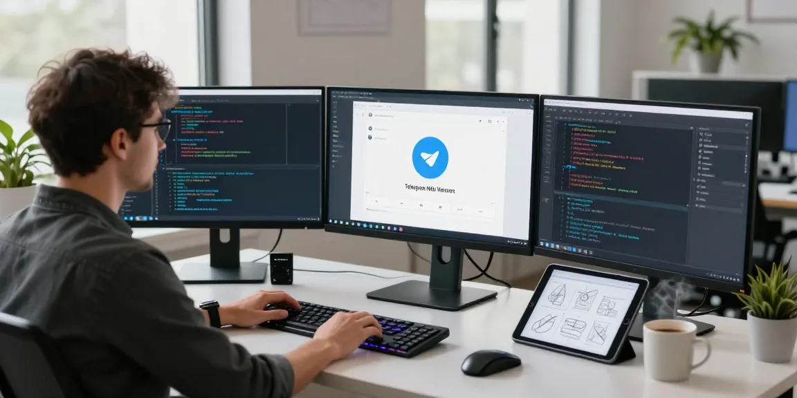 Active developer using Telegram Web Version on multiple screens in a modern workspace.