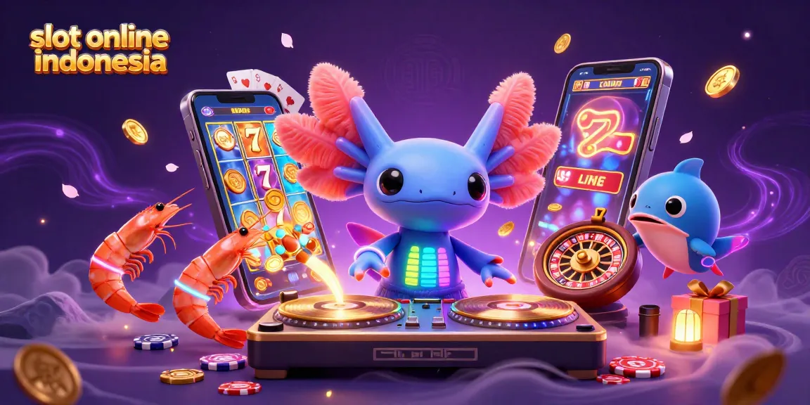 Experience the thrill of slot online indonesia with vibrant 3D characters and game elements in this captivating illustration.