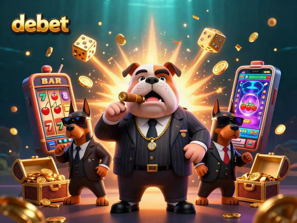 Spin the slots at debet with a cartoon mafia bulldog boss and his bodyguards surrounded by jackpots and gaming elements.