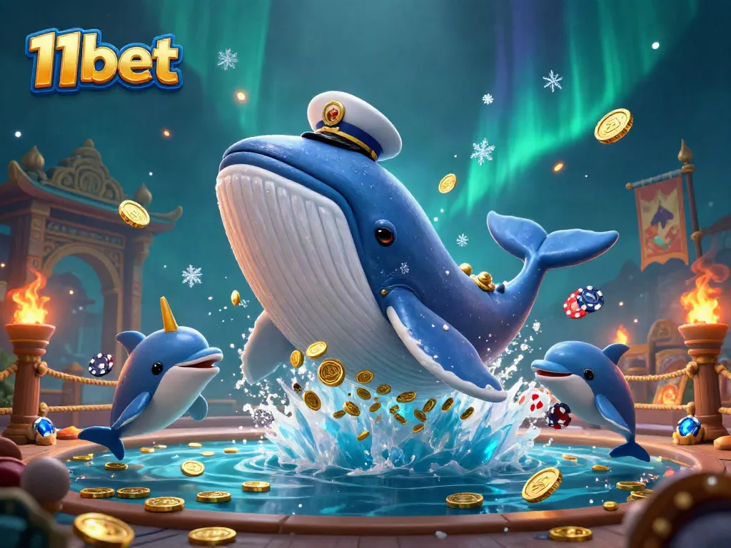 Join the thrilling world of 11bet with a cartoon whale and neon elements in this vibrant casino scene.