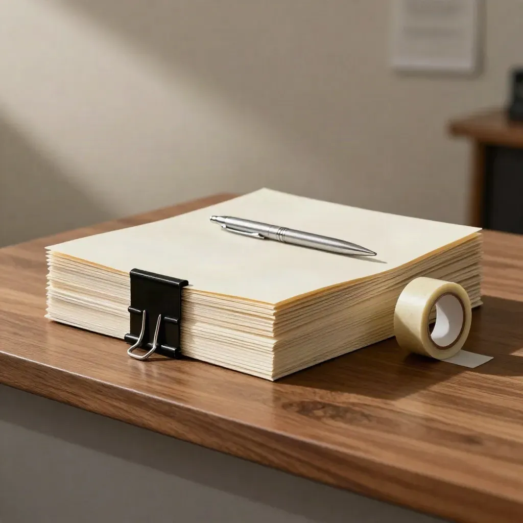 Application bundle with clips, tape and pen on a walnut ledge in soft daylight.