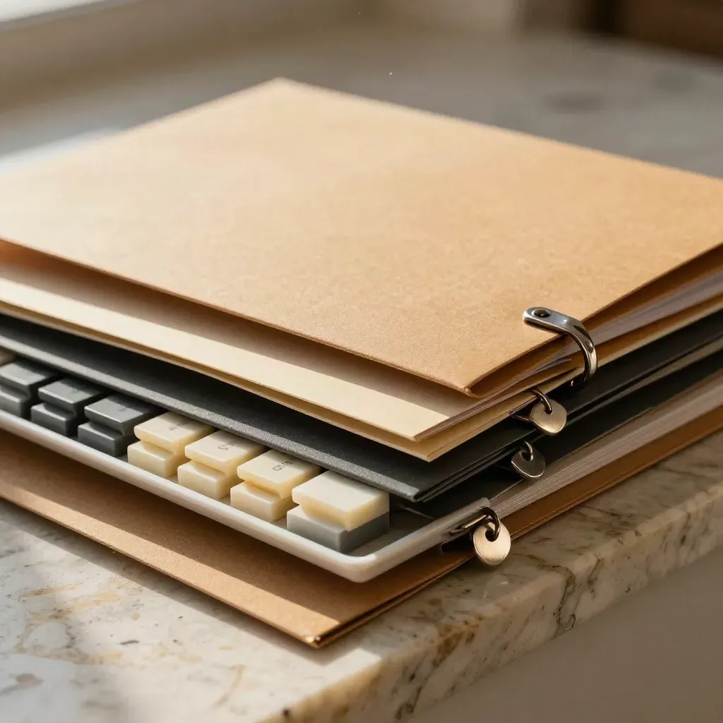 Nested folders, metal tags and eligibility markers on travertine in a tight macro.