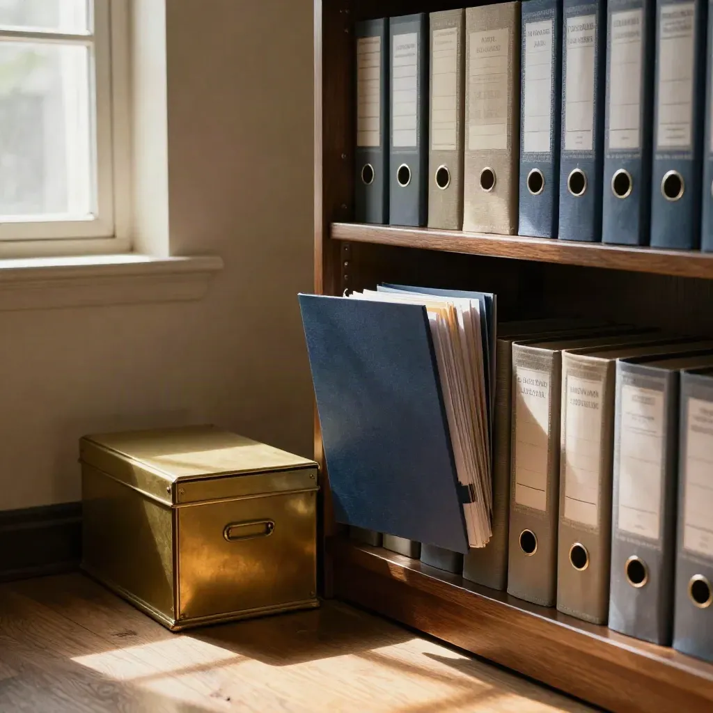 Funding binders, brass index box, and a folder sliding out on an office shelf