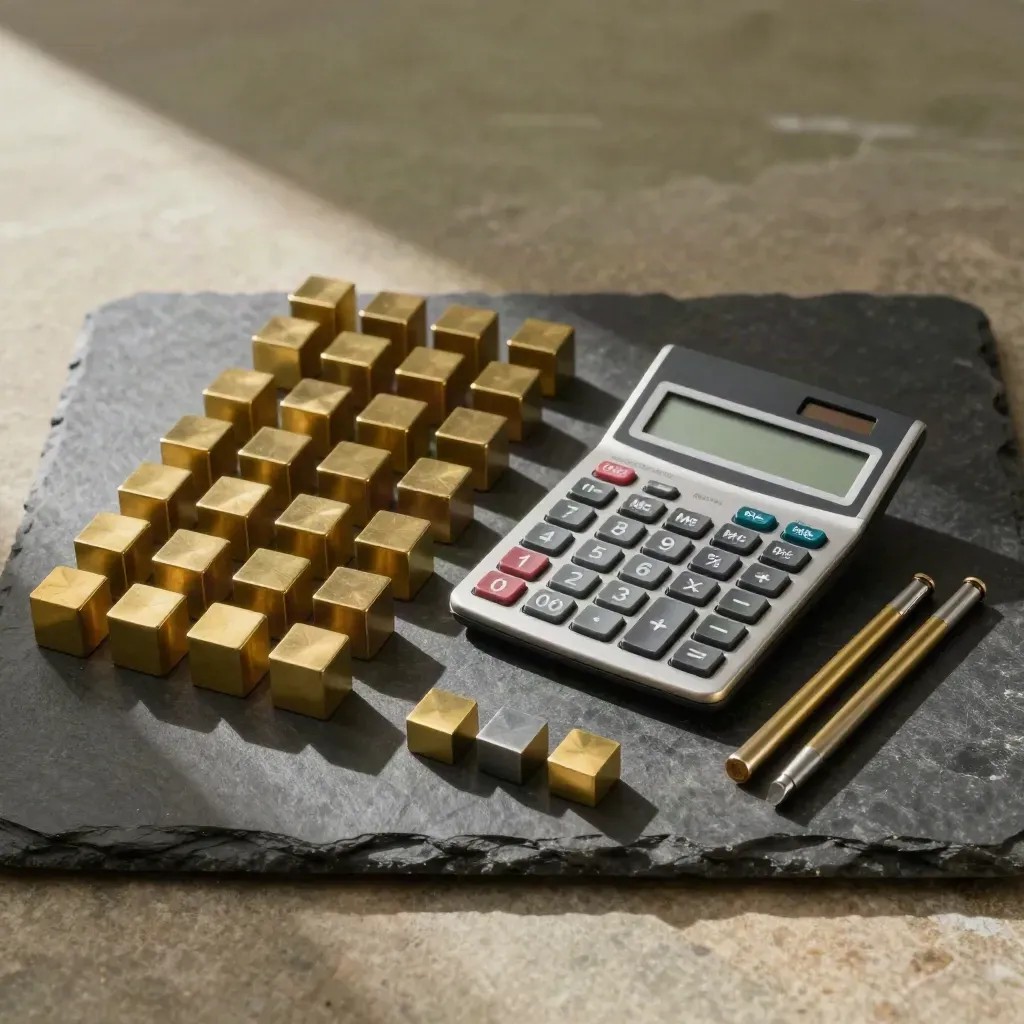 Brass counters, ledger cubes, and a calculator arranged in a budget planning still life.