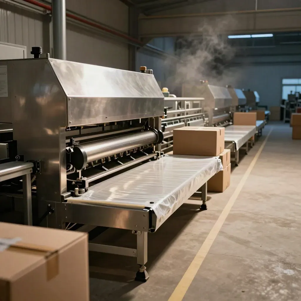 Stainless factory line running with finished cartons, crates, pallet wrap and warm daylight
