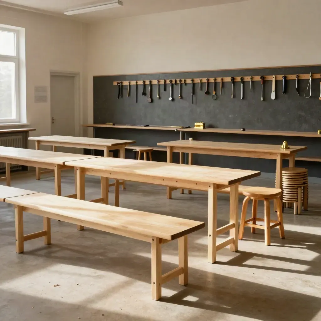 Empty youth skills workshop with benches, wall tools, and stacked stools in soft daylight.
