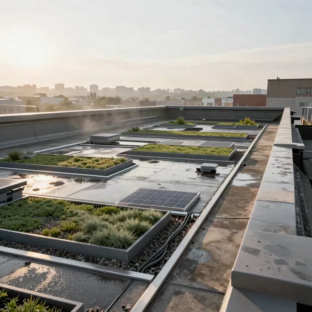 Rain-soaked municipal rooftop retrofit with green trays and solar hardware