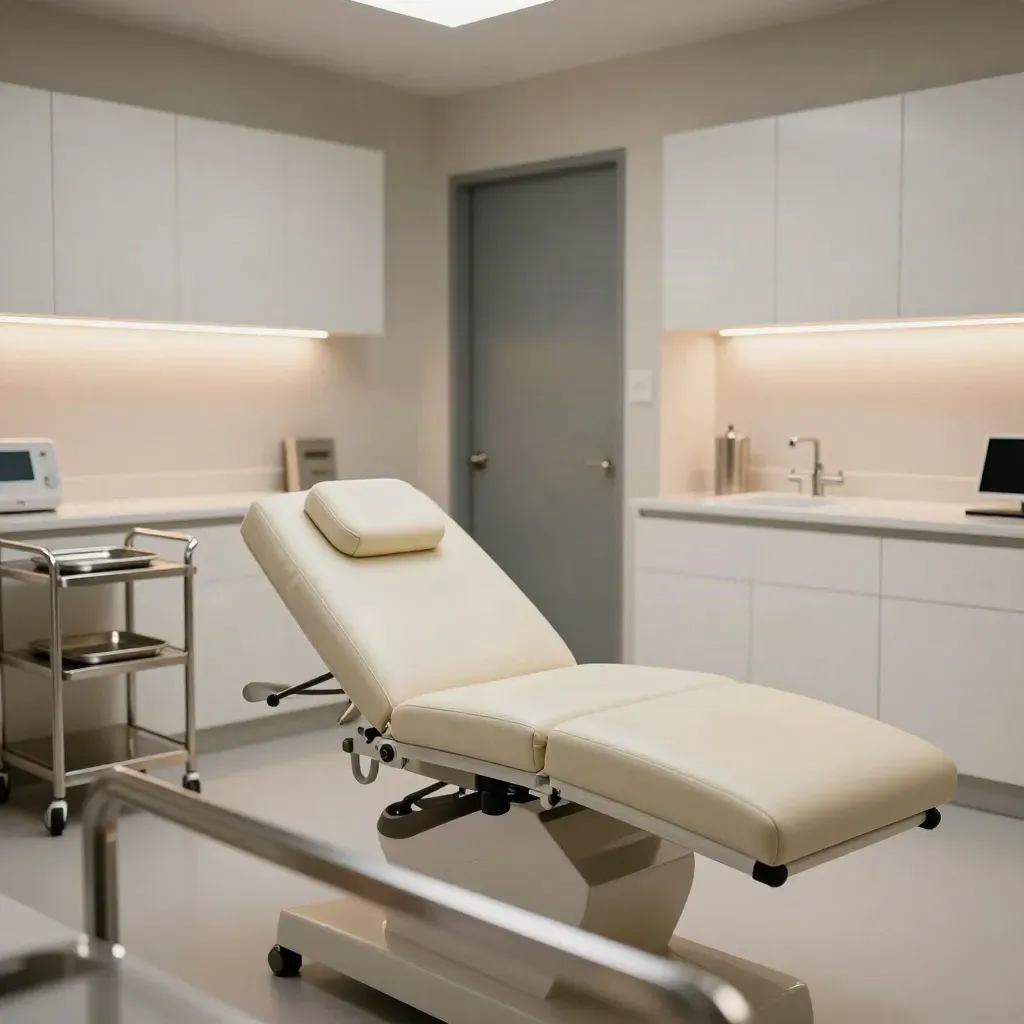 Empty care-group clinic room with exam couch, sealed cabinets, and warm task lamps.