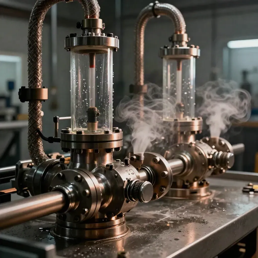 Close-up of twin clean-tech modules with clear tubing and vapor in an industrial lab