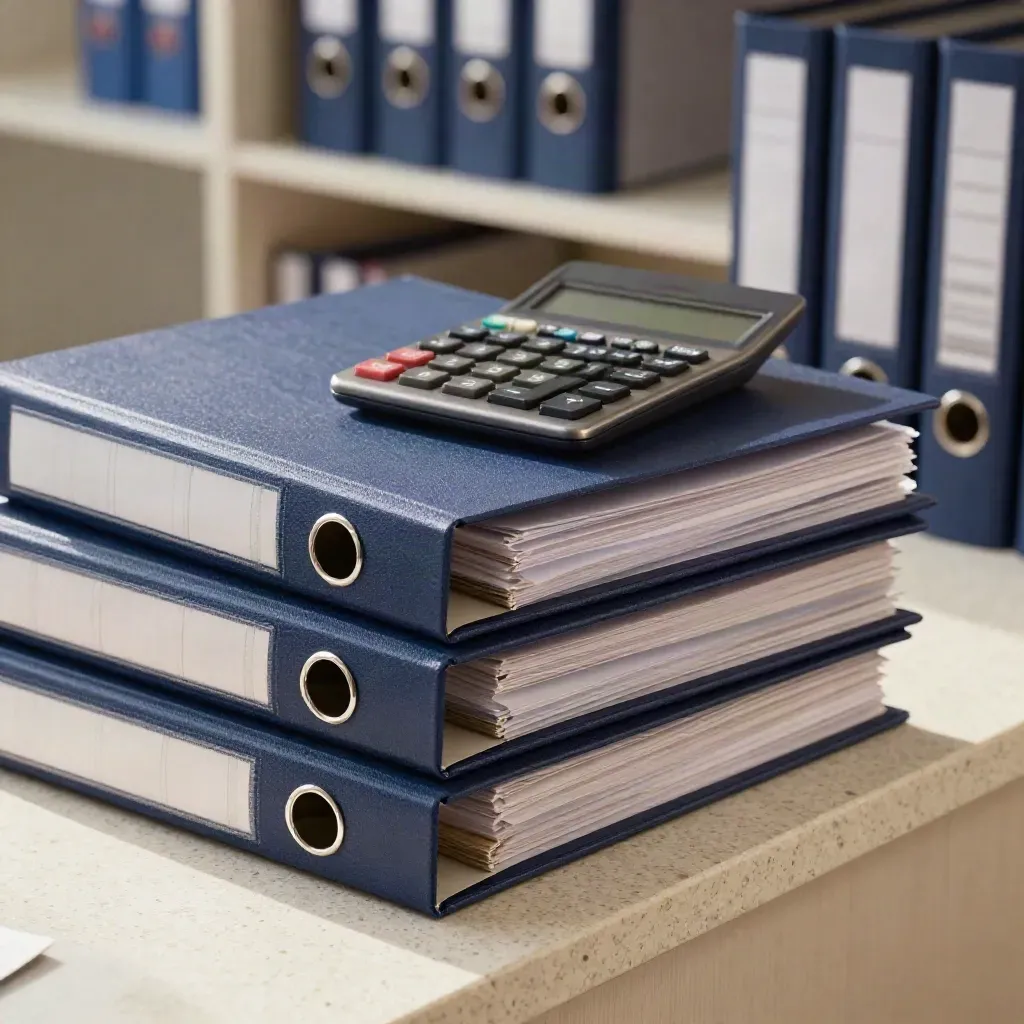 Macro still life of funding binders, calculator, and archival sleeves on travertine