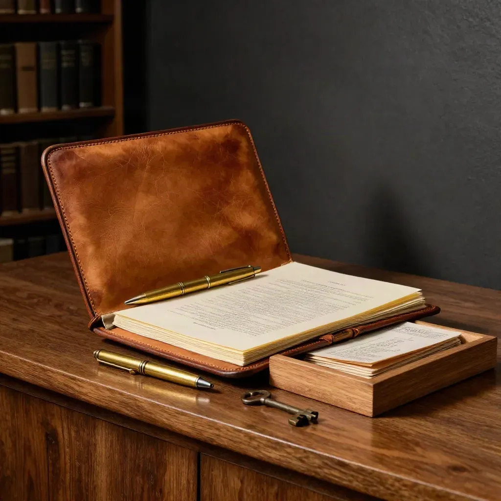 Leather portfolio, brass key, pen and oak tray in dramatic side light.