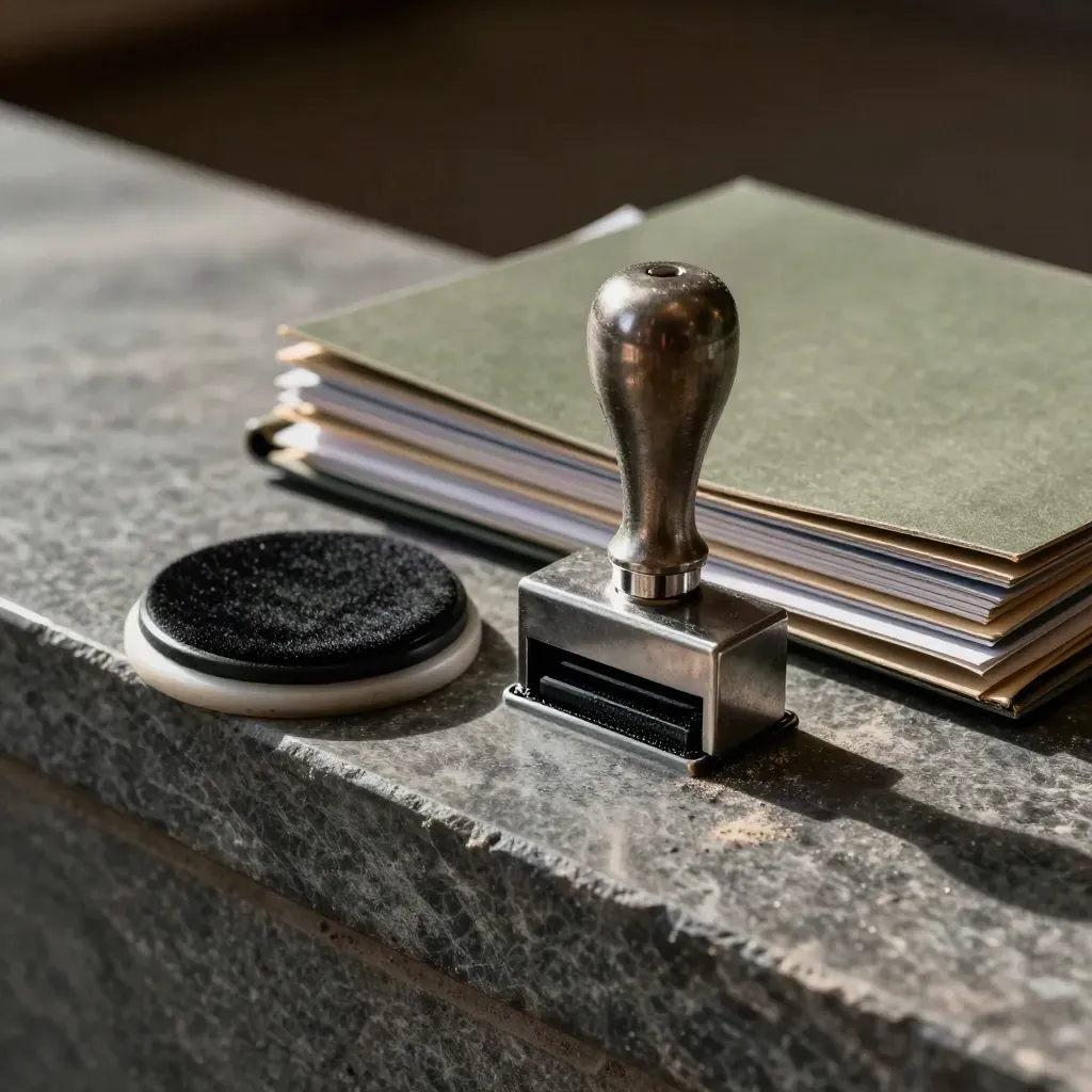 Compliance tools on dark stone: stamp pad, seal press and audit tabs under raking light.
