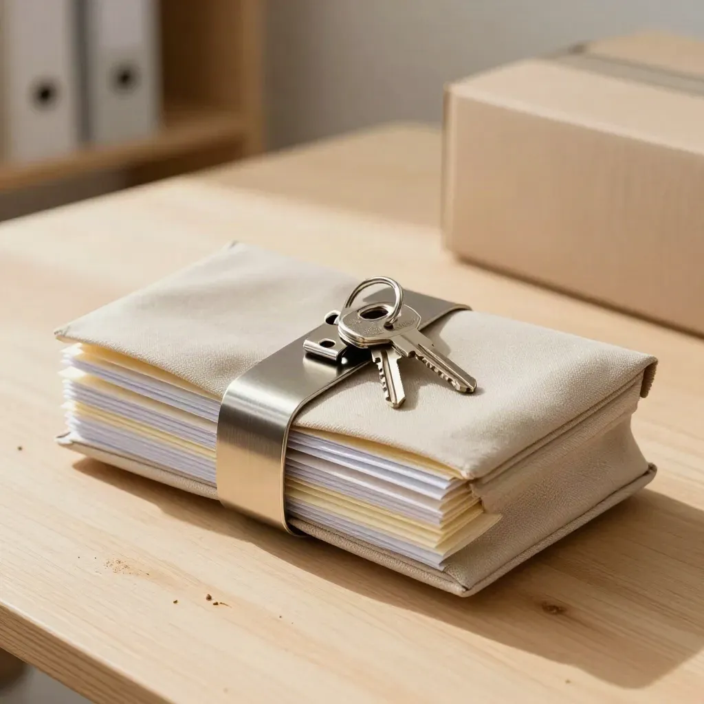 Courier pouch, document sleeves, keys and clip rails on pale wood in soft daylight.