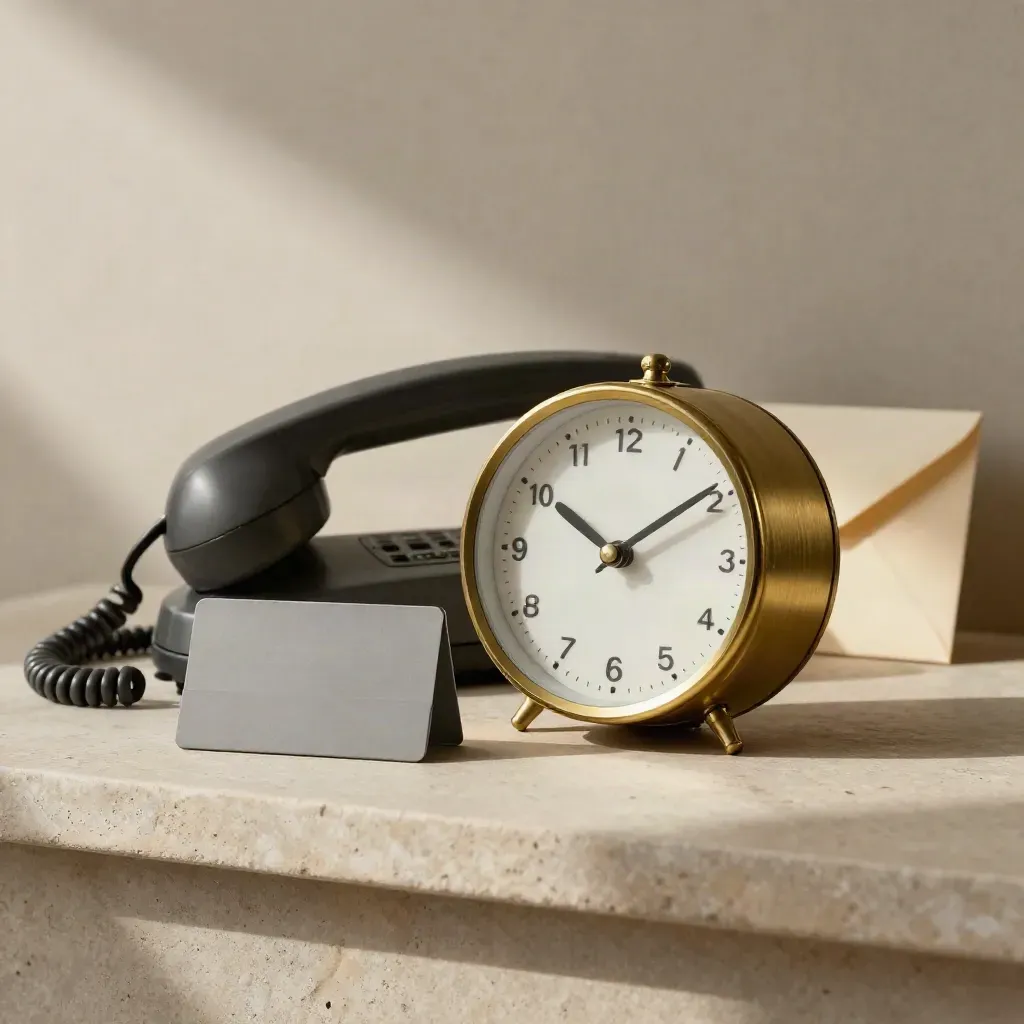 Brass clock, rotary handset, card holder and envelope on a stone shelf