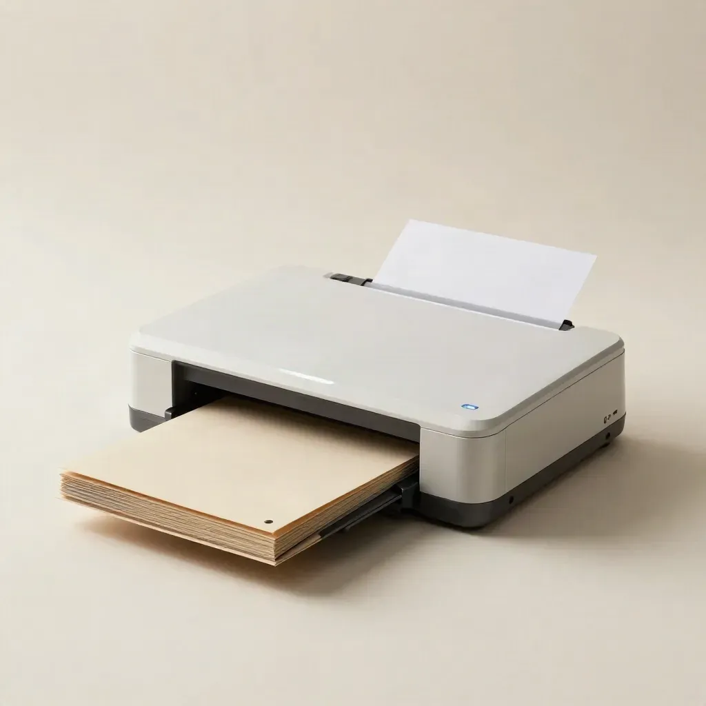 Flatbed scanner with folder stack and blue status light on off-white plaster.