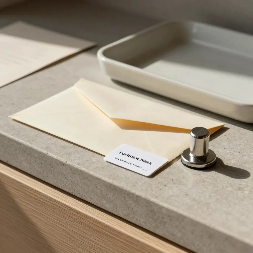 Sealed envelope, approval stamp, tamper clip and outbox tray on brushed stone.