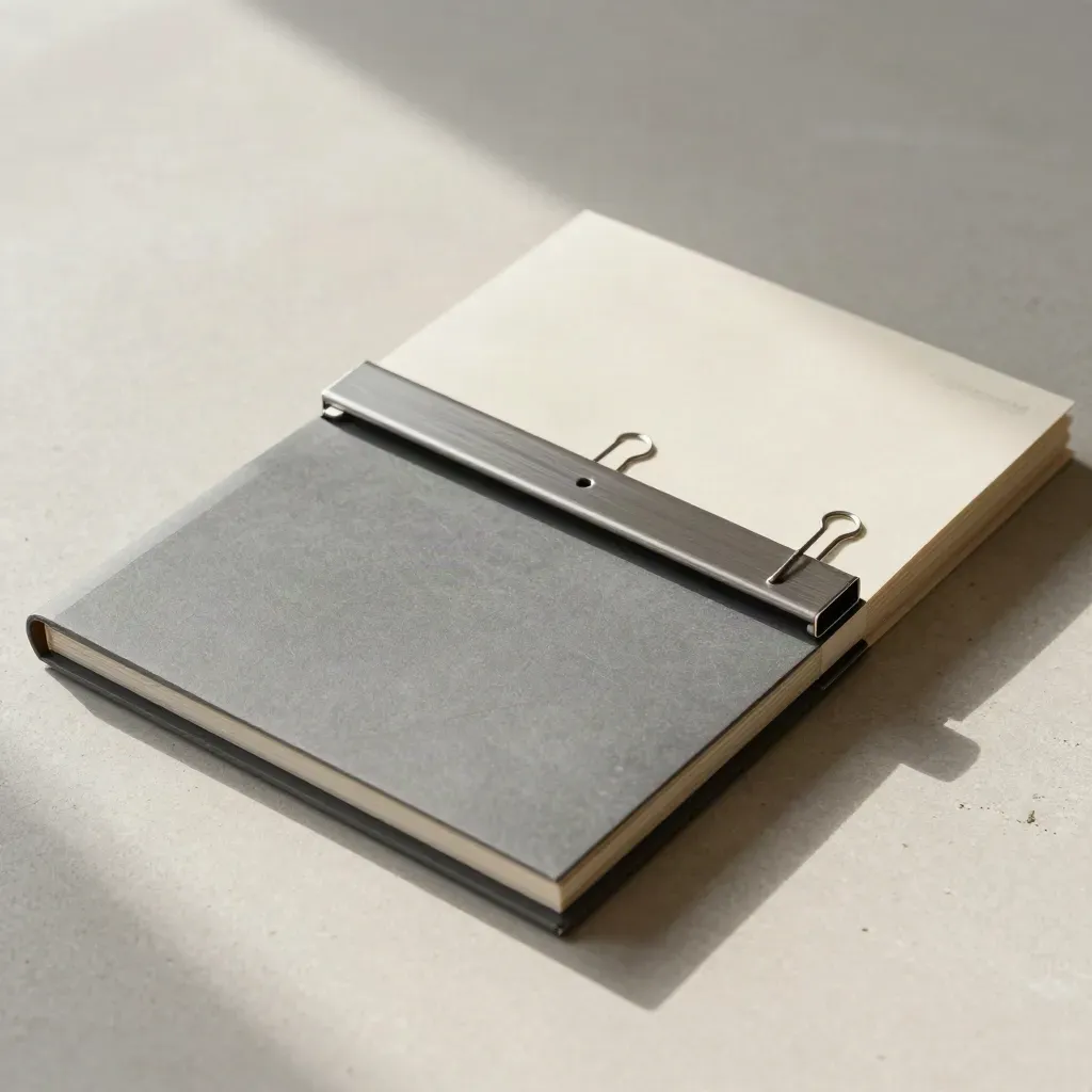 Overhead bid pack flatlay with folders, binder clips and a metal rail on pale concrete.