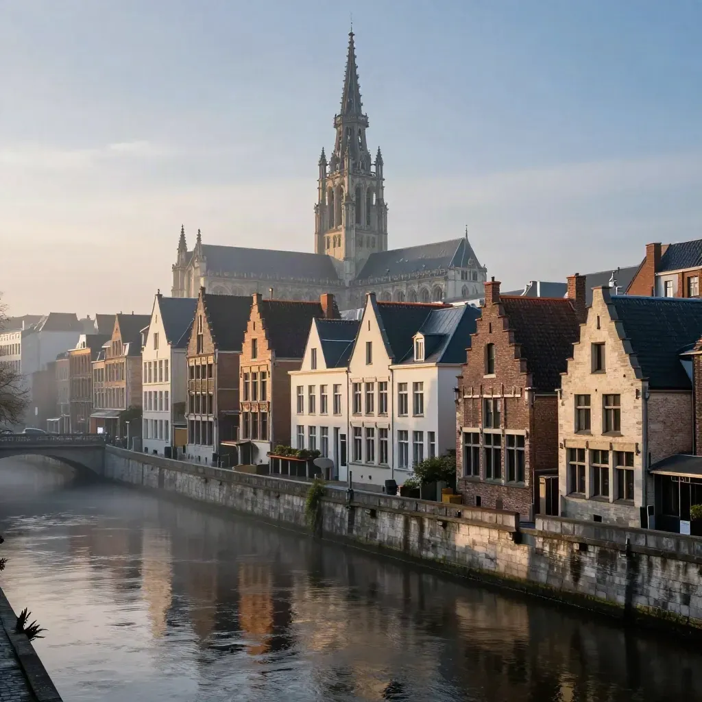 Misty Brussels skyline above a quiet canal basin at dawn, cathedral tower high in frame.