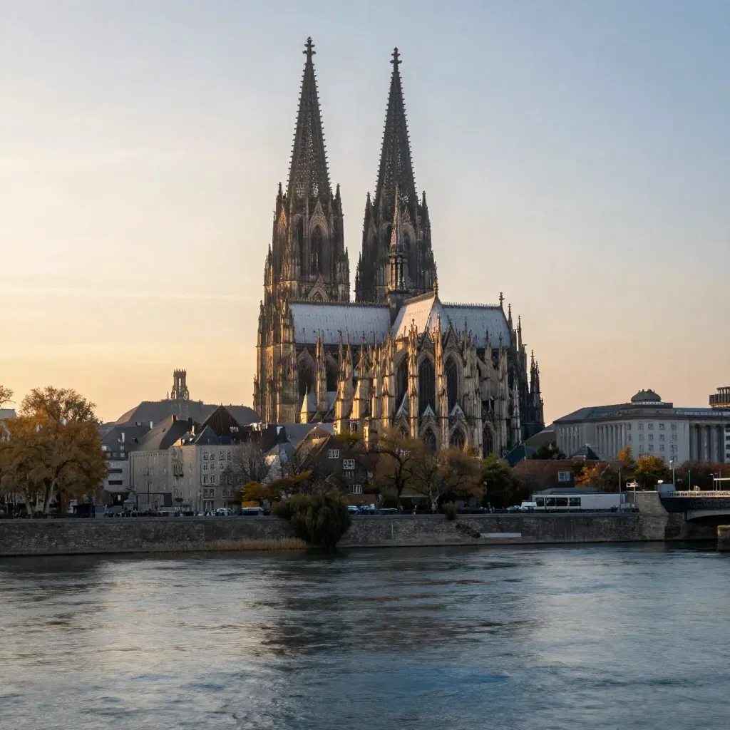 Cologne Cathedral glows above the Rhine at sunset, with soft water and haze below.