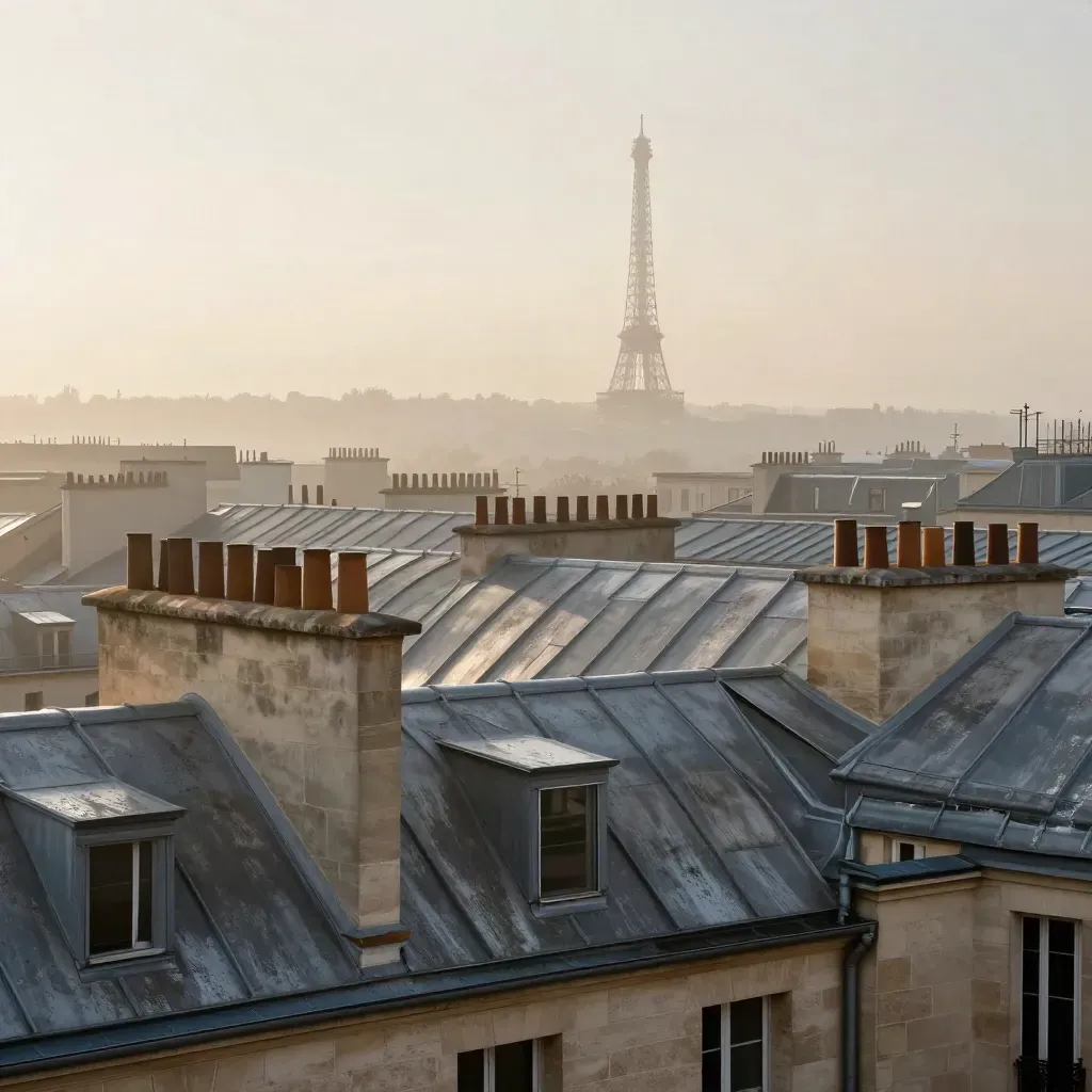 Rain-fresh Paris rooftops with a distant iron silhouette in warm morning haze