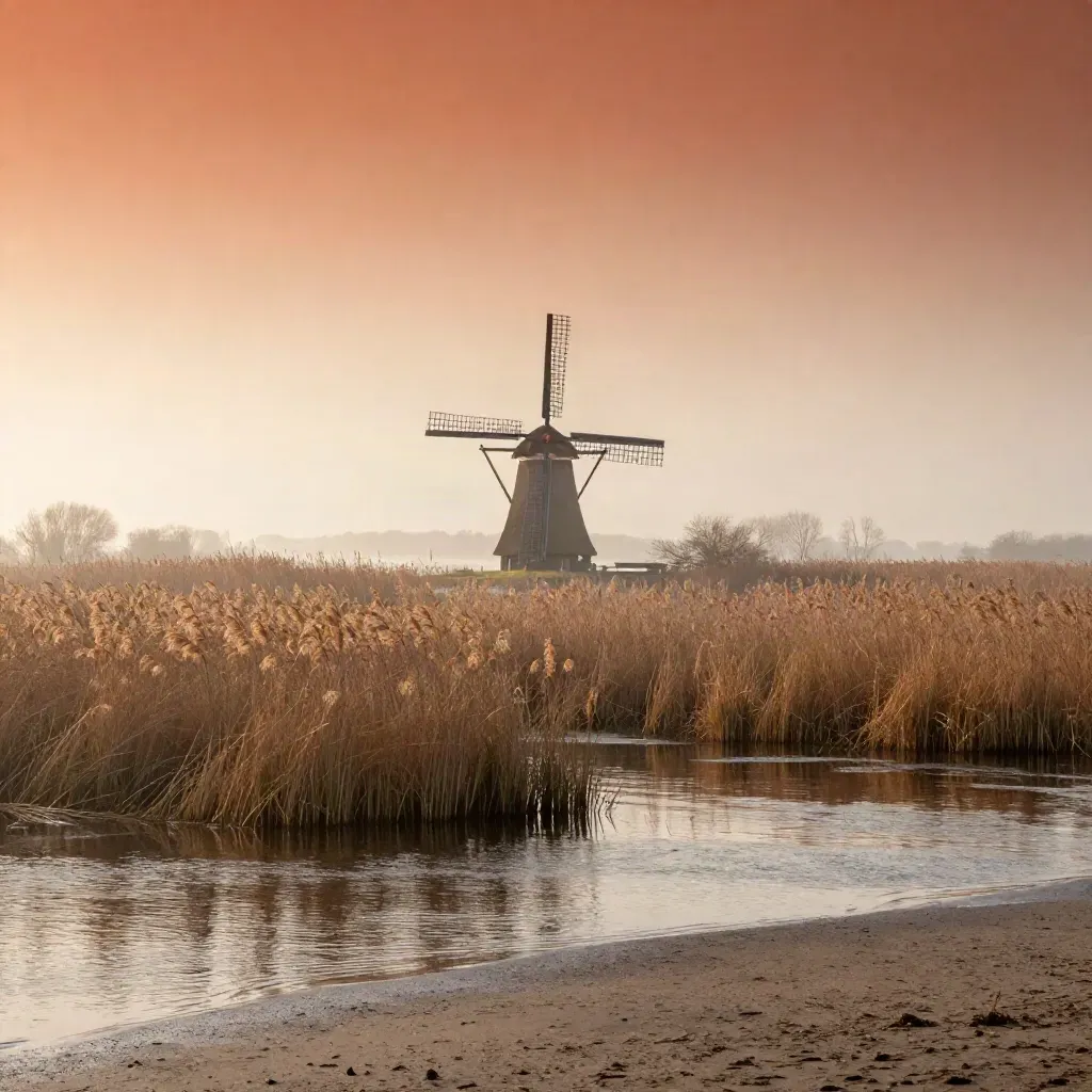 Windmill over misty Dutch polder fields and reeds at sunset