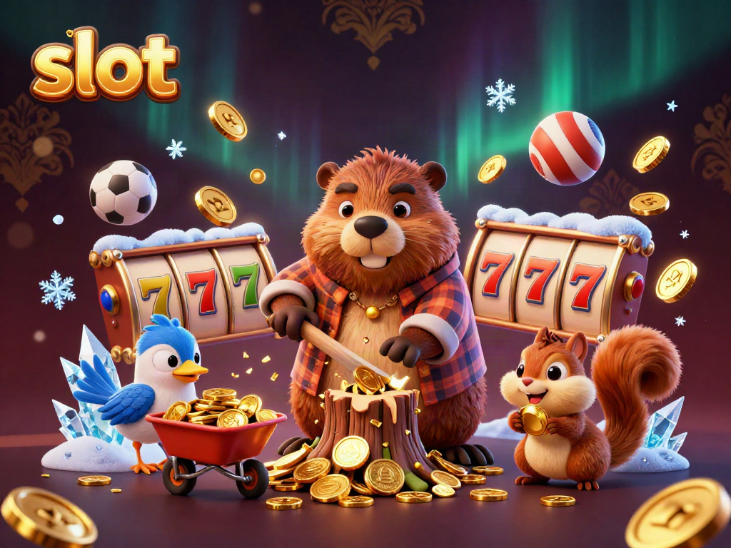 Experience thrilling slot action with our vibrant 3D casino illustration featuring a beaver collecting golden coins.