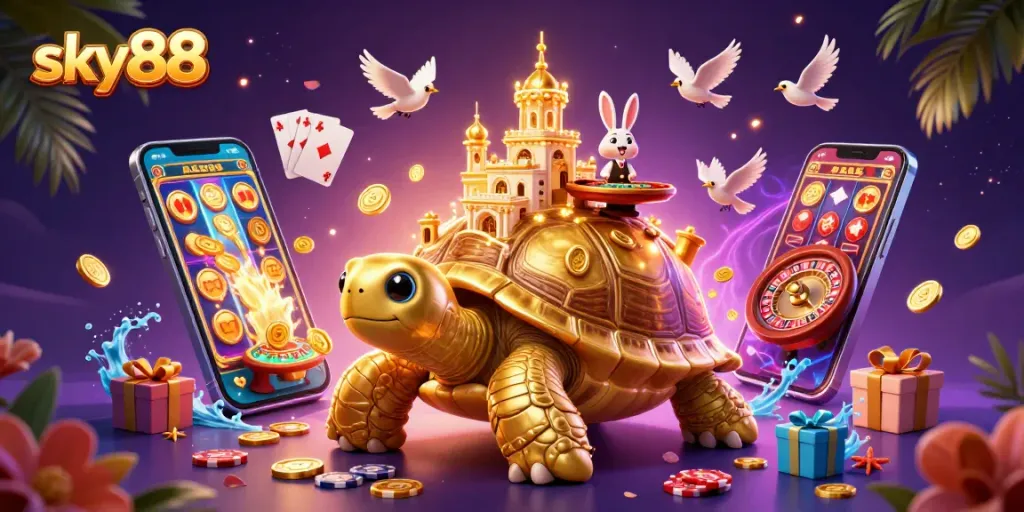 Experience thrilling gaming with sky88, featuring a golden tortoise casino and a rabbit dealer in an enchanting setting.