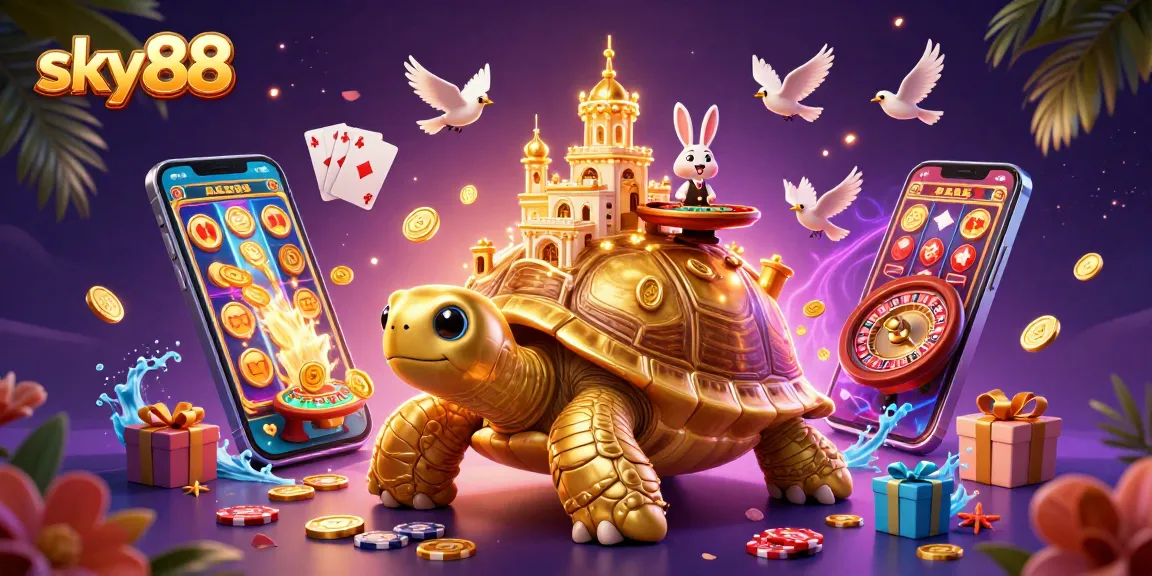 Experience thrilling gaming with sky88, featuring a golden tortoise casino and a rabbit dealer in an enchanting setting.