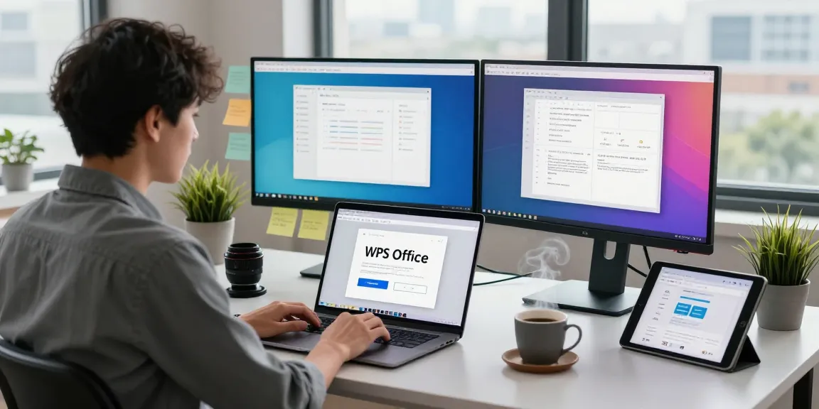 Download WPS Office in a modern workspace setup with dual monitors and a laptop.