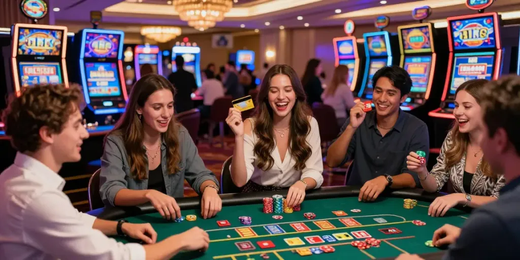 Group of friends celebrating at a credit card casino table with vibrant slot machines in the background.
