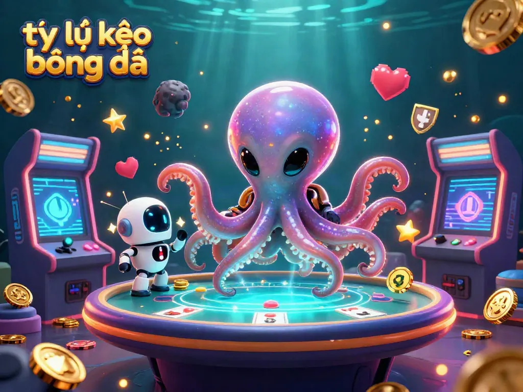 Engage with tỷ lệ kèo bóng đá in this vibrant 3D scene featuring an alien octopus and robotic partner.
