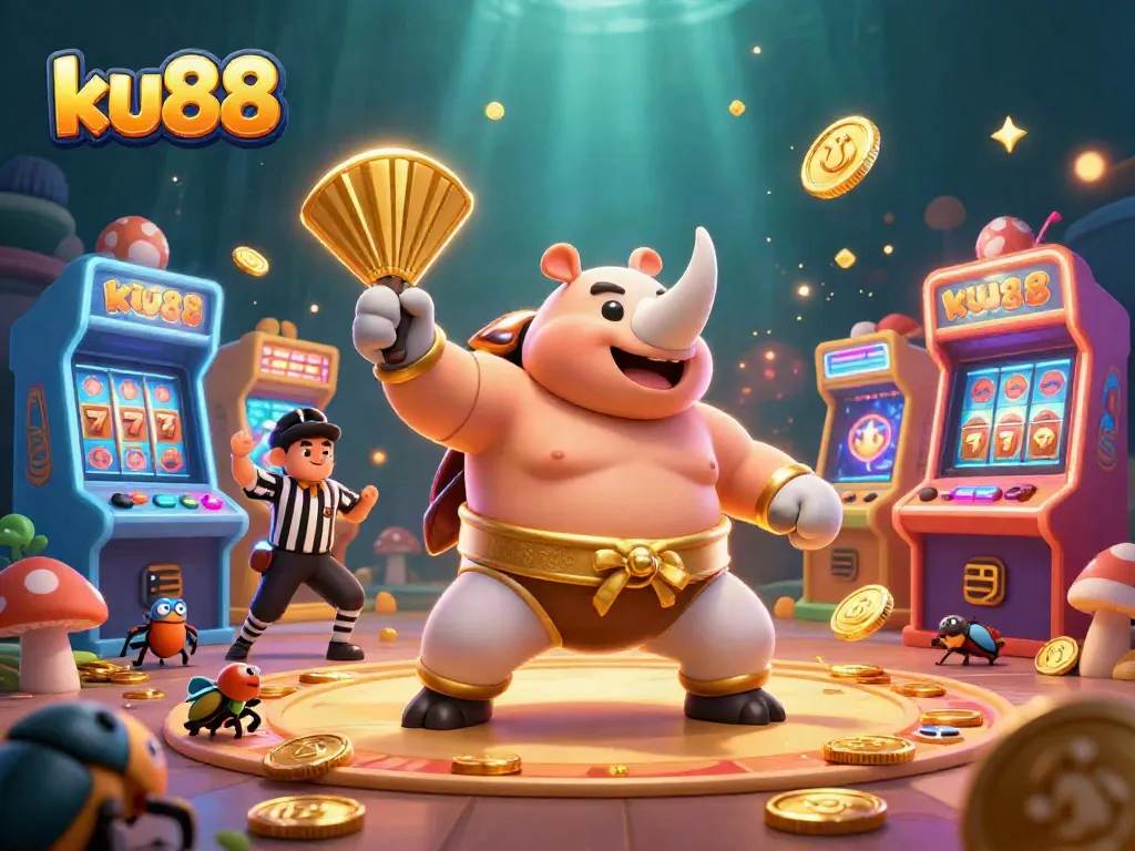 ku88 gaming scene with a rhinoceros beetle champion surrounded by slots and coins, creating excitement