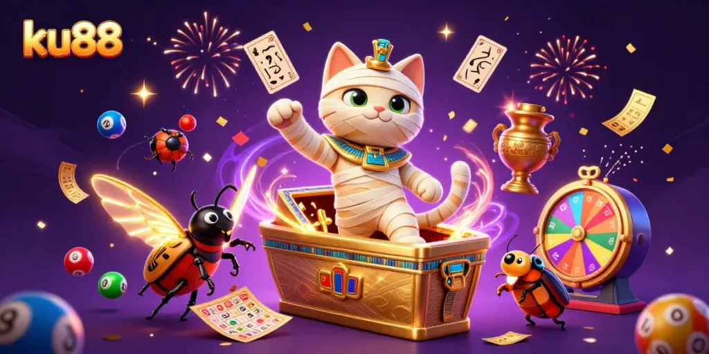 Experience the excitement of ku88 in a vibrant 3D casino scene with a mummy cat and games.