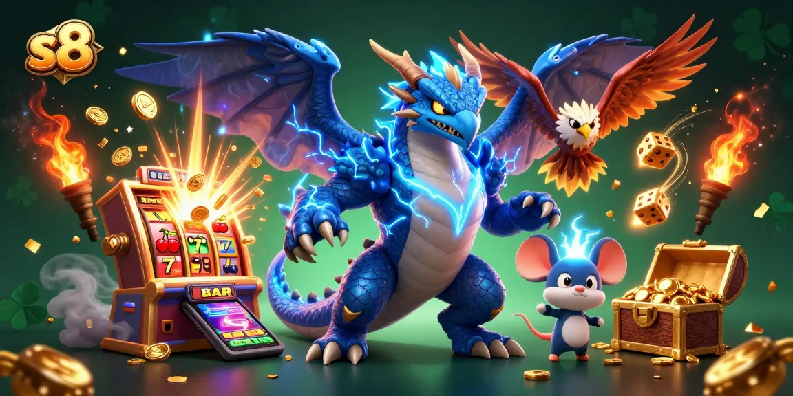 Engage with s8's thrilling games and jackpots, featuring a dynamic casino illustration.