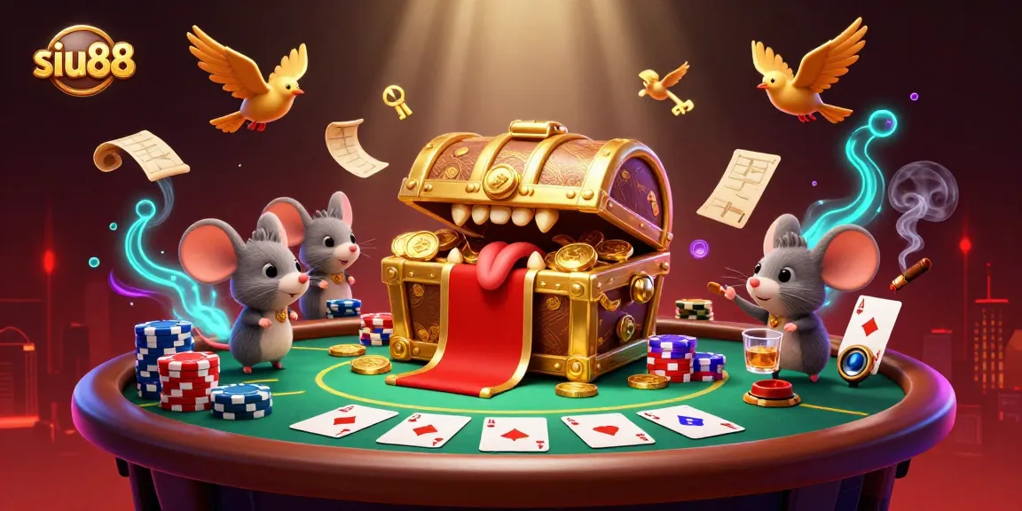 Siu88 features an exciting treasure chest entice with riches amidst vibrant poker elements.